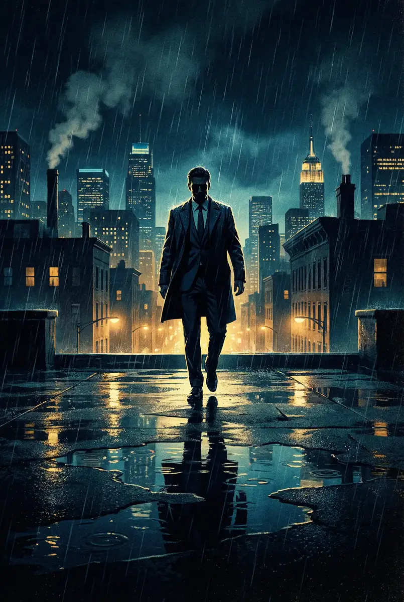 付静去向 出品影片《雨夜独行者》海报，雨中城市屋顶男性剪影